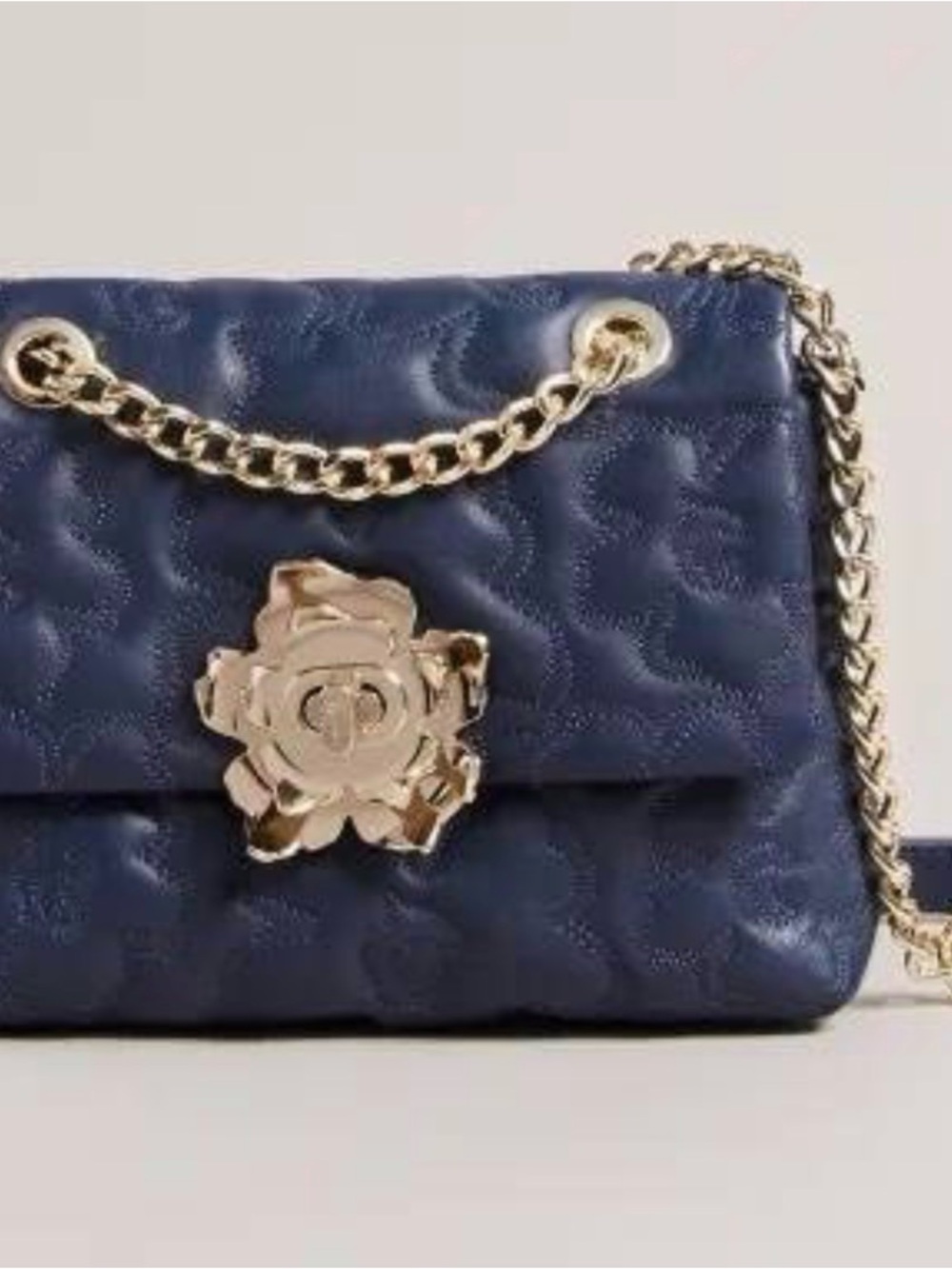 Ted Baker Ayshana Magnolia Quilted Mini Crossbody Bag Navy Blue Leather - Picture 9 of 11